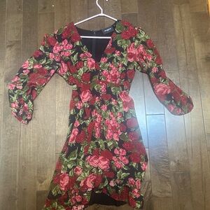 The Kooples Black Dress with Red and Green Floral Pattern